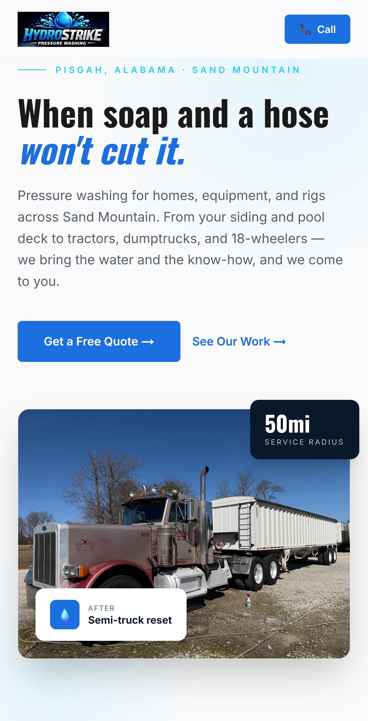 HydroStrike Pressure Washing — live client site, mobile view